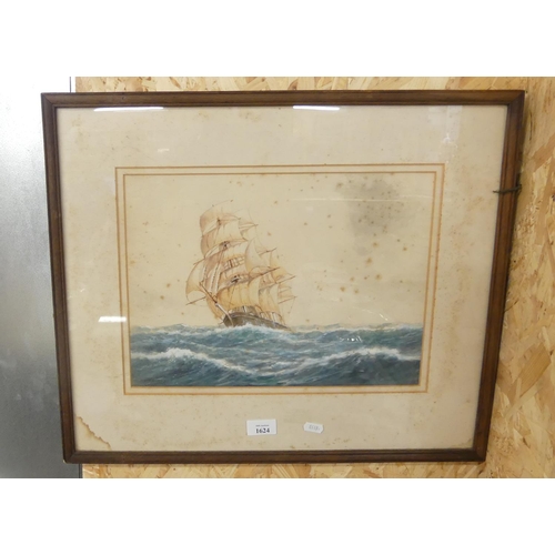 1624 - Framed Watercolour - Sailing Ship, Signed S. McKinley, approx 37 x 26cm.