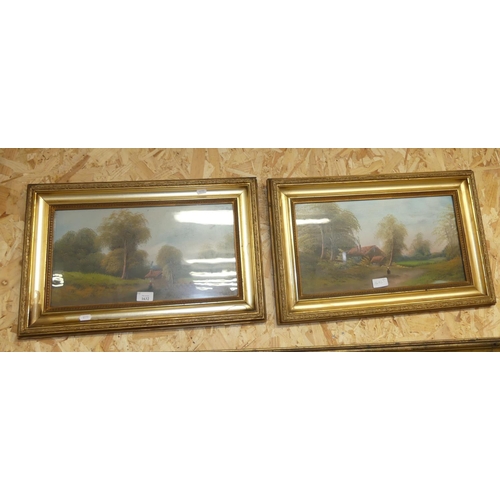 1632 - Pair of Framed Oil Paintings, Woodland Scenes with Figures in Foreground, Unsigned, 44 x 23cm