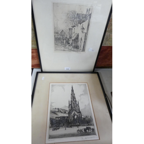 1646 - Two Framed Engravings, Scott Monument & Village Scene.