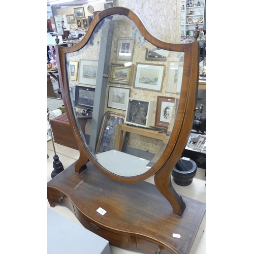 2128 - Edwardian Inlaid Mahogany Shield Shaped Dressing Mirror on Three Drawer Base.