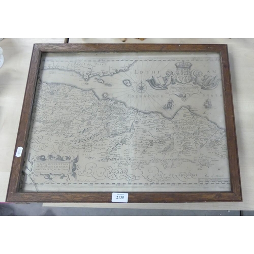 2135 - Framed 18th Century Antique Map of the Shires of Lothian & Linlithgow, approx 52 x 40cm.