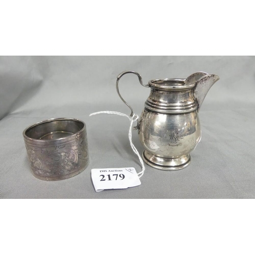 2179 - Small Birmingham Silver Cream Jug & Birmingham Silver Napkin Ring - 2oz troy.