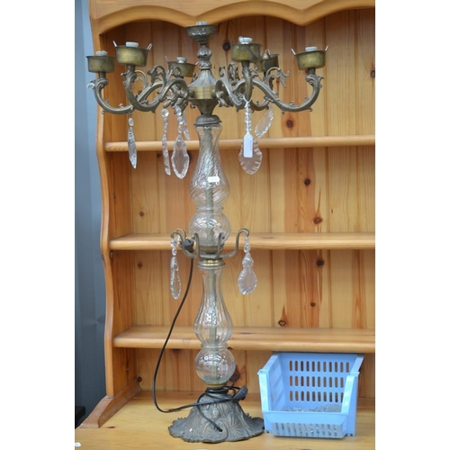 3015 - Tall Glass & Brass Candelabra / Table Lamp - approx 86cm in height.