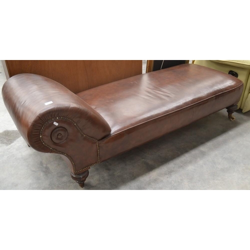 3042 - Victorian Mahogany Brown Leather Chaise Lounge