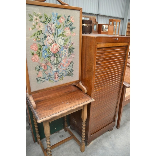 3073 - Tambour Front Cabinet, Barley Twist Occasional Table & Tapestry Fire Screen