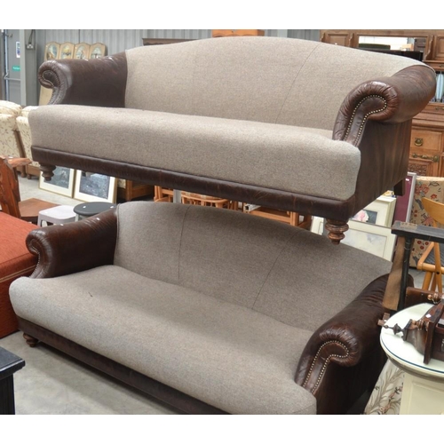 3076 - Pair Of Tetrad Brown Leather & Tweed Upholstered 2 Seat Sofas