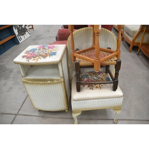 3427 - Wicker Chair, Bedside & 2 Stools