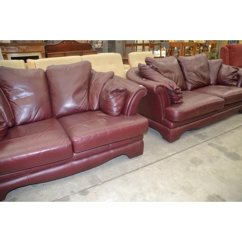 3438 - Burgundy coloured Leather 3+2 Sofas