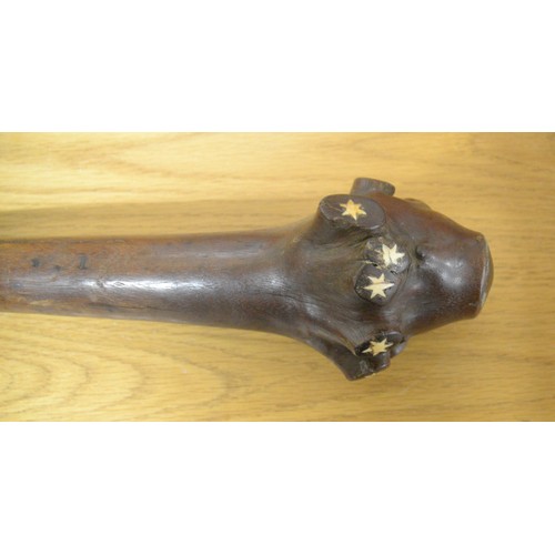 1588 - Heavy Antique Polynesian Ironwood War Club, The Club End with Star Shaped Bone Decoration, Geometric... 