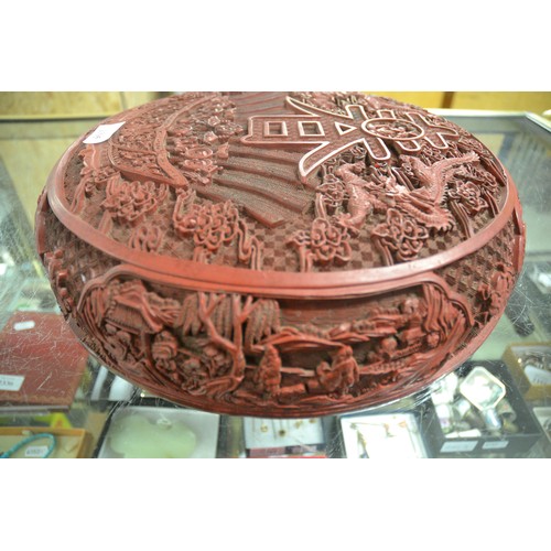 1395 - Very Large Chinese Cinnabar Circular Work Box, approx 37cm in diameter.