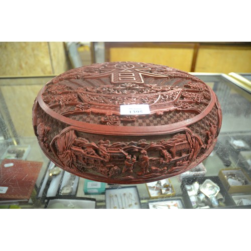 1395 - Very Large Chinese Cinnabar Circular Work Box, approx 37cm in diameter.