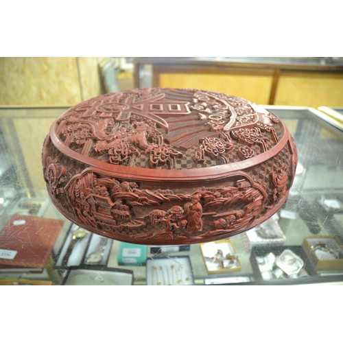 1395 - Very Large Chinese Cinnabar Circular Work Box, approx 37cm in diameter.