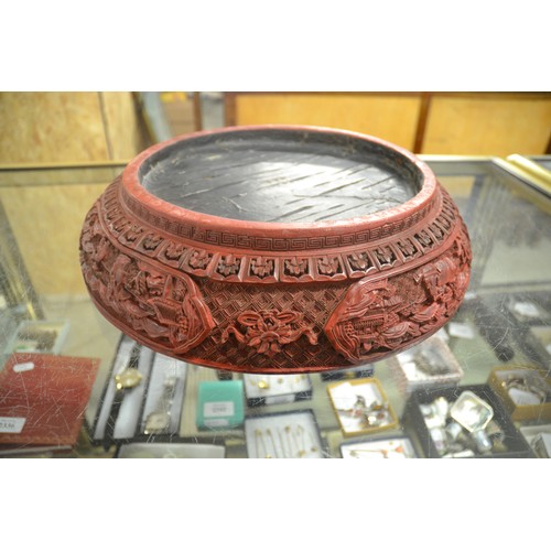 1395 - Very Large Chinese Cinnabar Circular Work Box, approx 37cm in diameter.