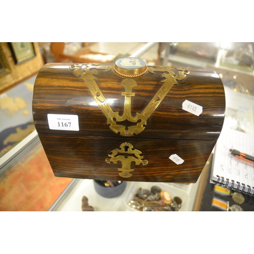 1167 - Antique Dome Topped Brass Strapped Stationery Box with Jasper Medallion Mount.