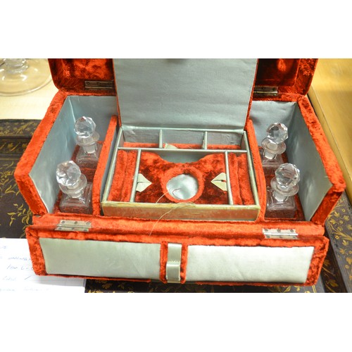 1372 - Victorian Red Velvet Covered Dressing Case - Fitted interior, scent bottles etc.