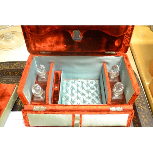 1372 - Victorian Red Velvet Covered Dressing Case - Fitted interior, scent bottles etc.