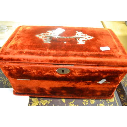 1372 - Victorian Red Velvet Covered Dressing Case - Fitted interior, scent bottles etc.