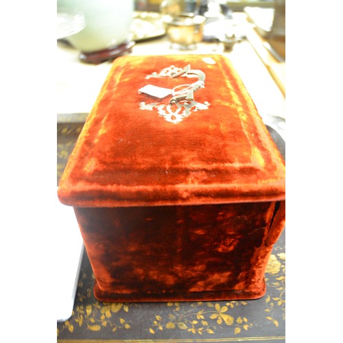 1372 - Victorian Red Velvet Covered Dressing Case - Fitted interior, scent bottles etc.