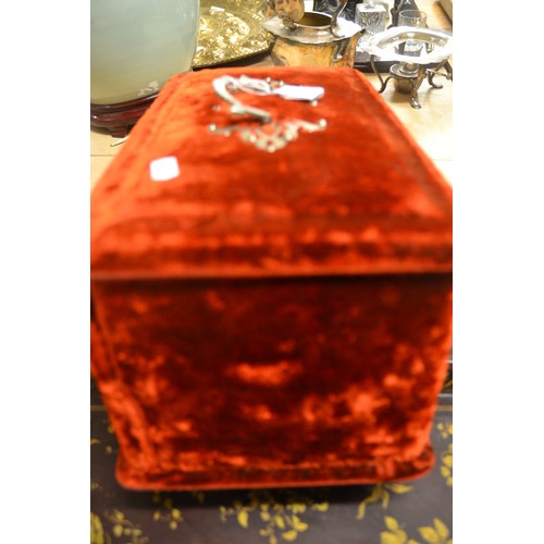 1372 - Victorian Red Velvet Covered Dressing Case - Fitted interior, scent bottles etc.