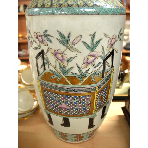 1343 - Large Chinese Ceramic Vase, painted with Flowers & Chinese Script, approx 60cm tall.