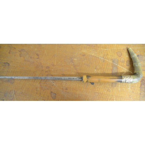 1607 - Victorian Sword Stick with Gold Plated Mounts & Horn Handle, approx 87cm long.