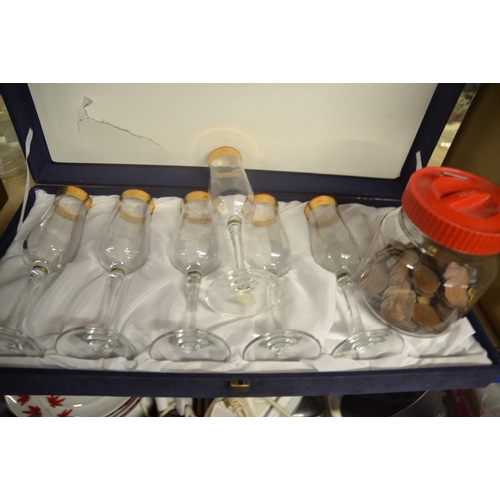 251 - Set Of Italian Wine Glasses & Jar Of Assorted Coins