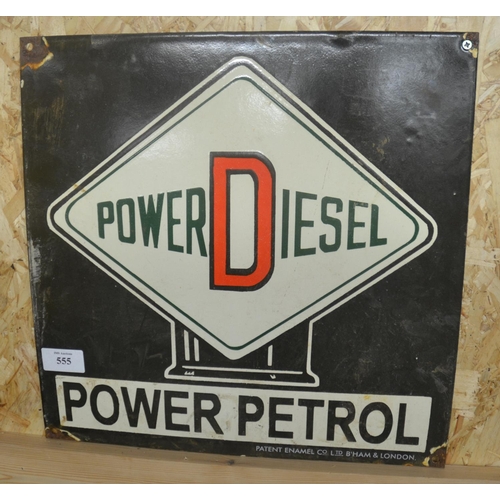 555 - Enamel Advertising Sign - Power Diesel Power Petrol. Approx-35cm x 35cm.