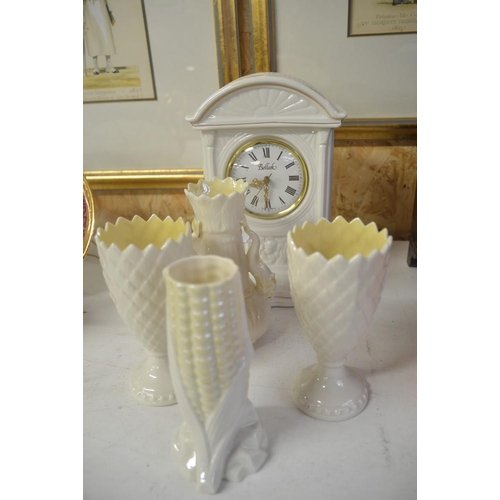 575 - Belleek Mantel Clock & Assorted Vases