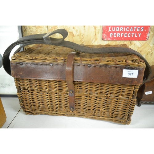 587 - Vintage Leather & Wicker Fishing Basket