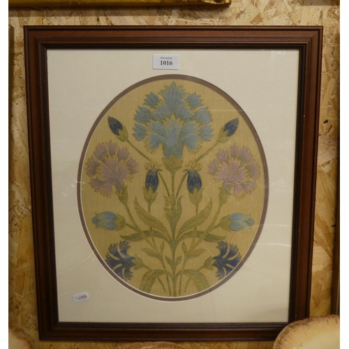 1016 - Framed Embroidered Arts & Crafts Panel, 28 x 34cm.