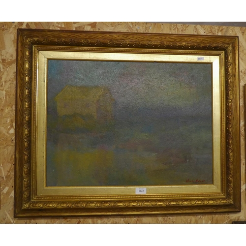 1023 - Framed Oil Painting - Impressionist Style, Building by River signed 