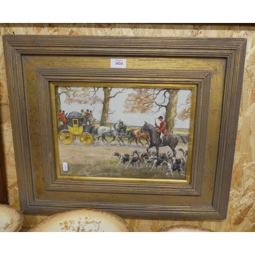 1024 - Framed Watercolour - Coaching & Fox Hunting by Ronald Victor Chate, circa 1950's, approx 34 x 23cm.