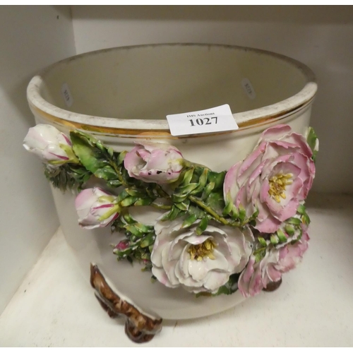 1027 - Pottery Floral Encrusted Planter, approx 21cm tall.