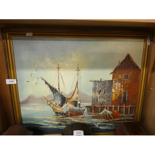 1040 - Framed Oil Painting - Fishing Boats, approx 55 x 45cm.