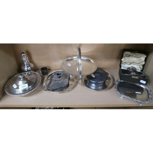 1042 - Assorted Silverplated Cakestand, Muffin Dish, Candlestick etc.