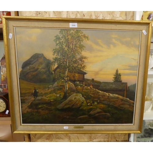 1046 - Framed Print - FjellGard by I C Dahl, approx 64 x 52cm.