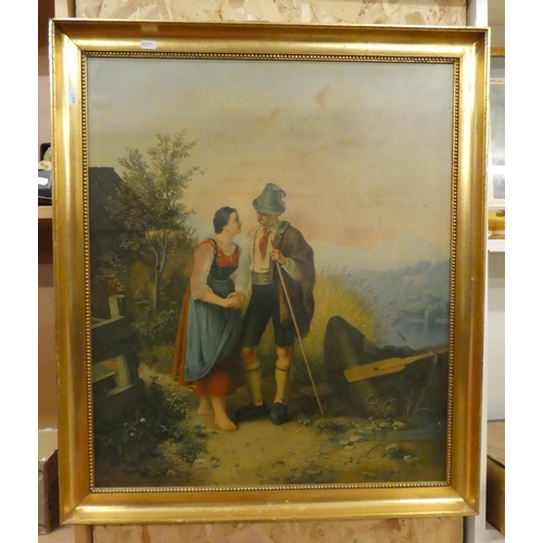 1047 - Framed Print - Romantic Alpine Couple, approx 56 x 66cm.