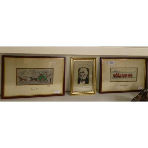 1050 - Three Framed Stevengraph Panels - Gladstone, Carriage & 