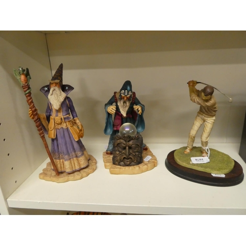 1078 - Three Resin Figures - Two Wizards & Golfer.