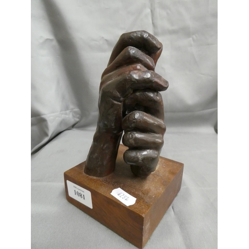 1081 - Bronzed Hands (Golf Grip) on Wooden Base.