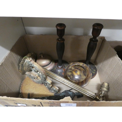 1082 - Box - Pair of Pokerwork Candlesticks, Brass Desk Bell, Faux Tortoiseshell Trinket Box etc.