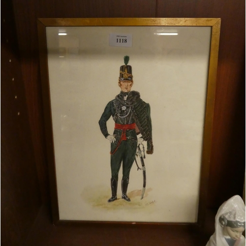 1118 - Framed Watercolour - Hussar Officer, Signed J G Rolph, approx 27 x 37cm.