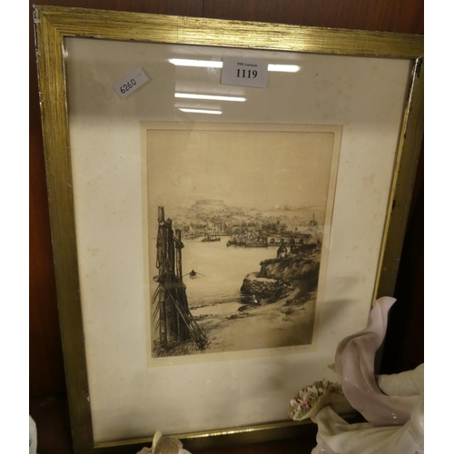 1119 - Framed Etching - Oban Looking Towards McCaigs Folly by Joan M Garden, approx 16 x 22cm.