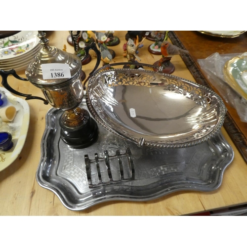 1386 - Silverplated Trophy, Toast Rack, Bread Basket & Tray.