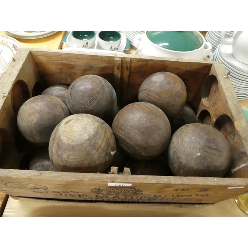 1401 - Fourteen 19th Century Antique Lignum Vitae Lawn Bowls and a Glazed Pottery Jack in an Old Wooden Adv... 