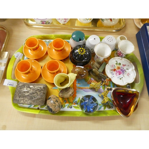 1403 - Tray Lot - 1970's Egg Cups, Royal Crown Derby, Glass Paperweight etc.