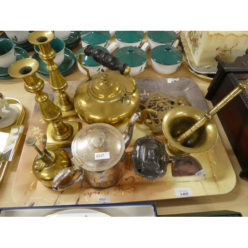 1405 - Tray Lot - Brass Kettle, Mortar & Pestle, Candlesticks etc.