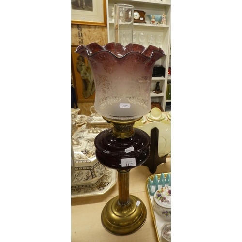 1417 - Victorian Oil Lamp with Mauve Tinted Reservoir & Shade, supported on brass column.