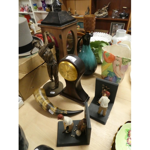 1436 - Pair of Golfing Resin Bookends, Modern Mantel Clock etc.