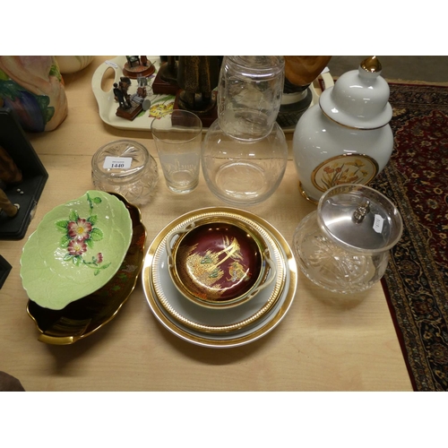 1440 - Assorted Glass Preserve Jar, Carlton Dish, Chokin Vase & Plates etc.